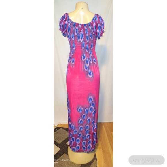 Pink Peacock Feathers Maxi Dress M - Picture 3 of 5
